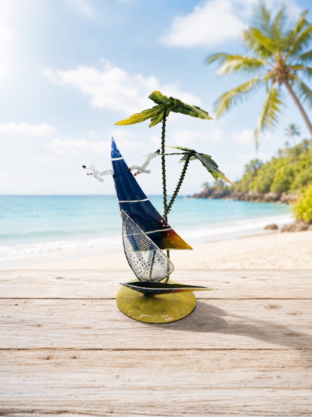 Vtg Metal Tropical Breeze Sailboat Palm Tree Seagulls Sculpture Coastal Decor